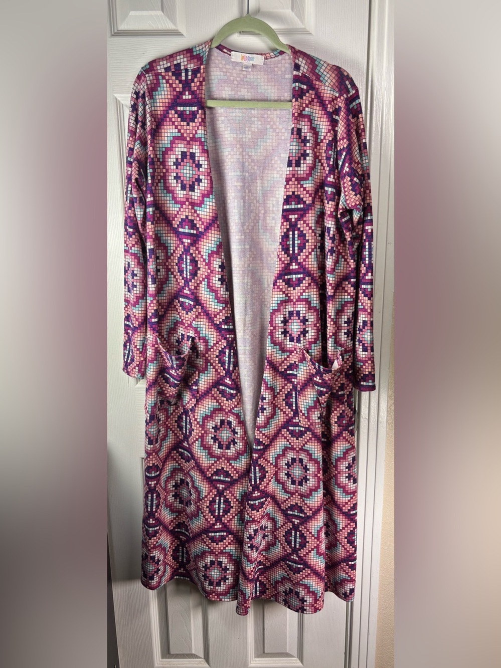 LuLaRoe Purple Multi Geometric Open Cardigan